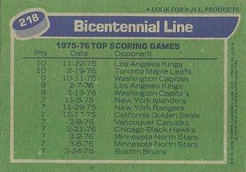 1976-77 Topps #218 Bicentennial Line (Lowell MacDonald / Syl Apps / Jean Pronovost) Back