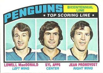 1976-77 Topps #218 Bicentennial Line (Lowell MacDonald / Syl Apps / Jean Pronovost) Front