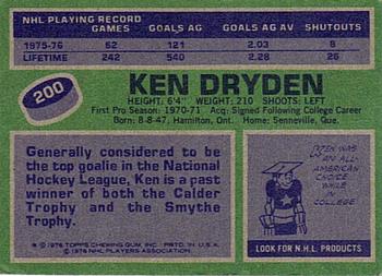 1976-77 Topps #200 Ken Dryden Back