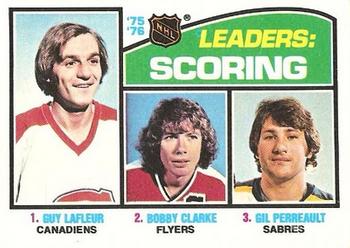 1976-77 Topps #3 '75'-76 Leaders: Scoring (Guy Lafleur / Bobby Clarke / Gilbert Perreault) Front