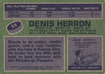 1976-77 Topps #55 Denis Herron Back