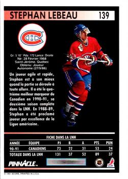 1991-92 Pinnacle French #139 Stephan Lebeau Back