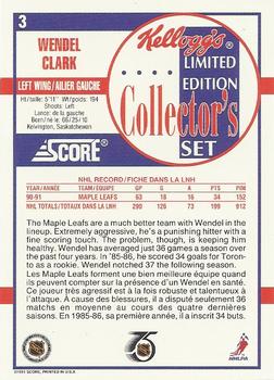 1991-92 Score Kellogg's #3 Wendel Clark Back