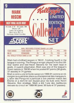 1991-92 Score Kellogg's #9 Mark Recchi Back