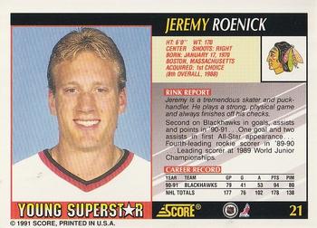 1991-92 Score Young Superstars #21 Jeremy Roenick Back
