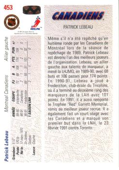 1991-92 Upper Deck French #453 Patrick Lebeau Back