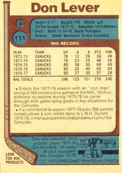 1977-78 O-Pee-Chee #111 Don Lever Back