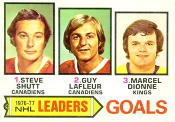 1977-78 O-Pee-Chee #1 1976-77 NHL Leaders Goals (Steve Shutt / Guy LaFleur / Marcel Dionne) Front