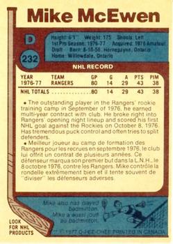 1977-78 O-Pee-Chee #232 Mike McEwen Back
