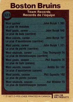 1977-78 O-Pee-Chee #323 Boston Bruins Records Back