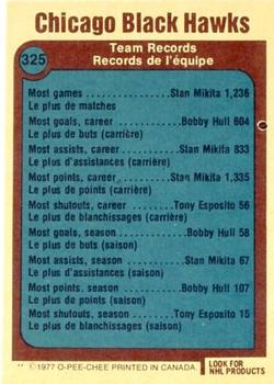 1977-78 O-Pee-Chee #325 Chicago Blackhawks Records Back