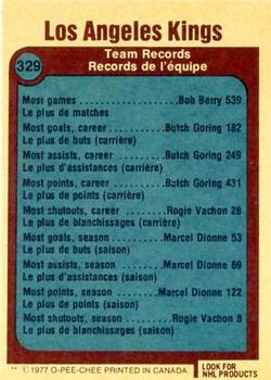 1977-78 O-Pee-Chee #329 Los Angeles Kings Records Back