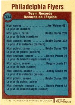 1977-78 O-Pee-Chee #334 Philadelphia Flyers Records Back
