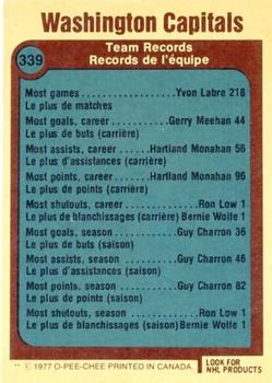 1977-78 O-Pee-Chee #339 Washington Capitals Records Back