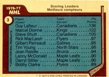 1977-78 O-Pee-Chee #3 1976-77 NHL Leaders Scoring (Guy LaFleur / Marcel Dionne / Steve Shutt) Back
