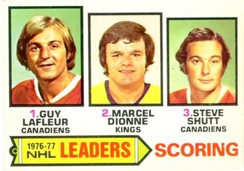 1977-78 O-Pee-Chee #3 1976-77 NHL Leaders Scoring (Guy LaFleur / Marcel Dionne / Steve Shutt) Front