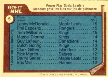 1977-78 O-Pee-Chee #5 1976-77 NHL Leaders Power Play Goals (Lanny McDonald / Phil Esposito / Tom Williams) Back