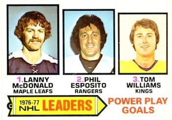 1977-78 O-Pee-Chee #5 1976-77 NHL Leaders Power Play Goals (Lanny McDonald / Phil Esposito / Tom Williams) Front