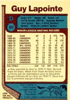 1977-78 O-Pee-Chee #60 Guy Lapointe Back