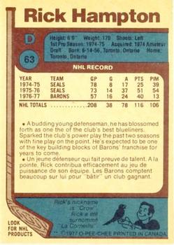 1977-78 O-Pee-Chee #63 Rick Hampton Back