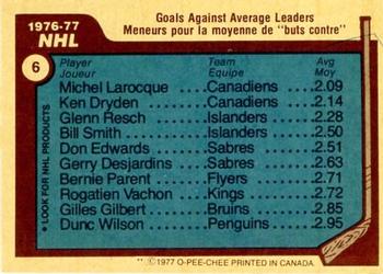 1977-78 O-Pee-Chee #6 1976-77 NHL Leaders Goals Against Average (Michel Larocque / Ken Dryden / Glenn Resch) Back
