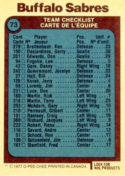 1977-78 O-Pee-Chee #73 Buffalo Sabres Team Back