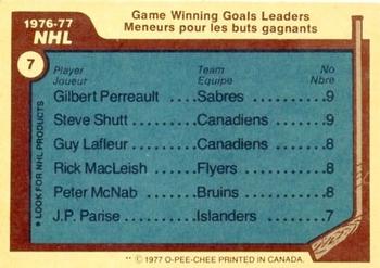 1977-78 O-Pee-Chee #7 1976-77 NHL Leaders Game Winning Goals (Gilbert Perreault / Steve Shutt / Guy LaFleur / Rick MacLeish / Peter McNab) Back