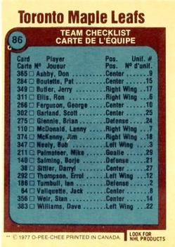 1977-78 O-Pee-Chee #86 Toronto Maple Leafs Team Back