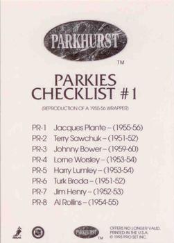 1992-93 Parkhurst - Parkie Reprints #NNO Parkies Checklist #1: PR-1 - PR-8 Back