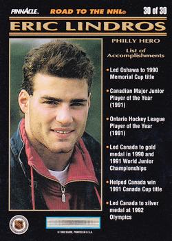 1992-93 Pinnacle Eric Lindros #30 Philly Hero Back
