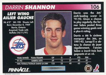 1992-93 Pinnacle Canadian #106 Darrin Shannon Back