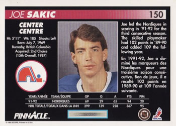 1992-93 Pinnacle Canadian #150 Joe Sakic Back