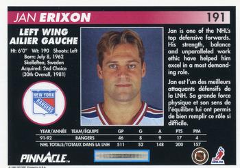 1992-93 Pinnacle Canadian #191 Jan Erixon Back