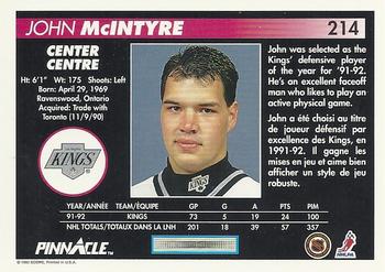 1992-93 Pinnacle Canadian #214 John McIntyre Back