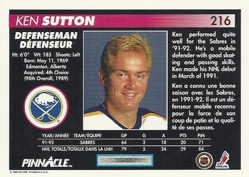 1992-93 Pinnacle Canadian #216 Ken Sutton Back