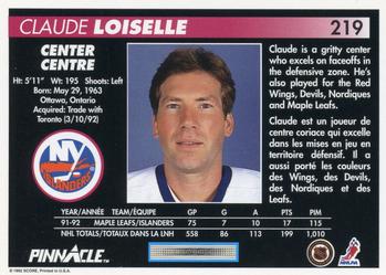 1992-93 Pinnacle Canadian #219 Claude Loiselle Back
