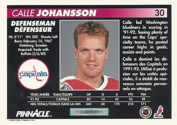 1992-93 Pinnacle Canadian #30 Calle Johansson Back