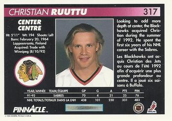 1992-93 Pinnacle Canadian #317 Christian Ruuttu Back