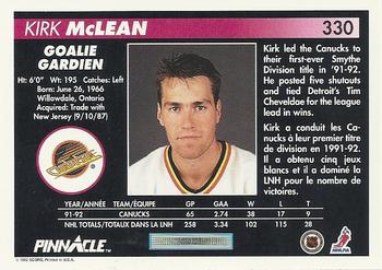 1992-93 Pinnacle Canadian #330 Kirk McLean Back