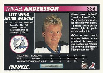 1992-93 Pinnacle Canadian #384 Mikael Andersson Back