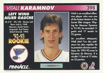 1992-93 Pinnacle Canadian #398 Vitali Karamnov Back