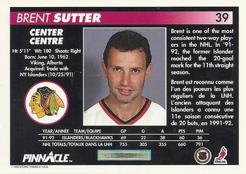 1992-93 Pinnacle Canadian #39 Brent Sutter Back