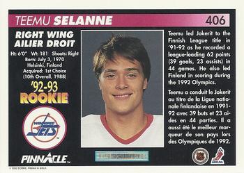 1992-93 Pinnacle Canadian #406 Teemu Selanne Back
