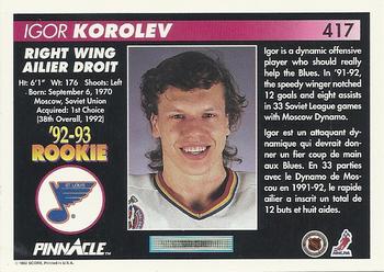 1992-93 Pinnacle Canadian #417 Igor Korolev Back