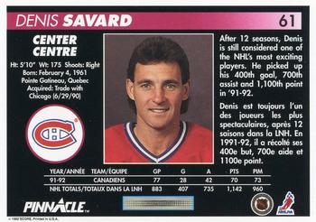 1992-93 Pinnacle Canadian #61 Denis Savard Back