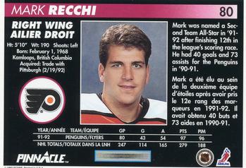 1992-93 Pinnacle Canadian #80 Mark Recchi Back