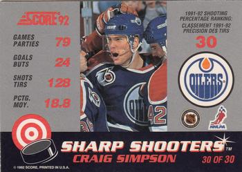 1992-93 Score Canadian - Sharp Shooters #30 Craig Simpson Back