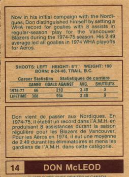 1977-78 O-Pee-Chee WHA #14 Don McLeod Back