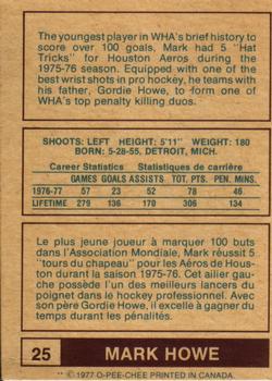 1977-78 O-Pee-Chee WHA #25 Mark Howe Back