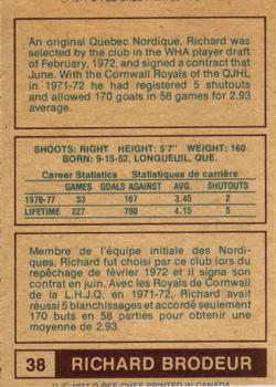 1977-78 O-Pee-Chee WHA #38 Richard Brodeur Back